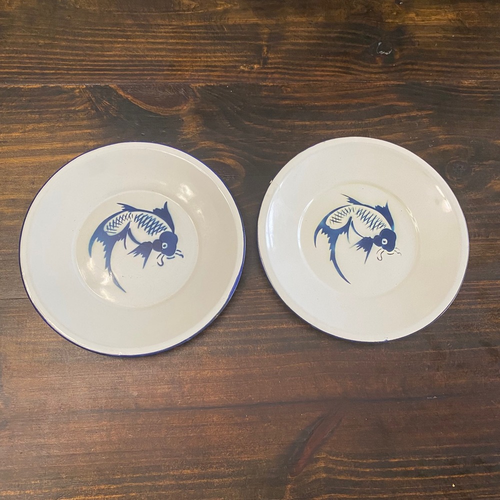 Vintage Butterfly Brand Enamelware Plates Set of 2 Blue Koi Fish White China